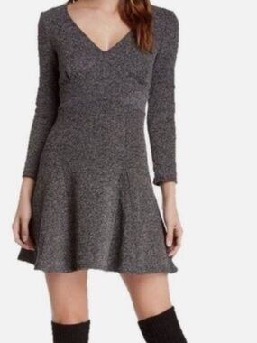 Free People V-Neck Fitted Bodice Tweed Knit Dress Key Hole Back, NWT, Size M